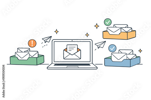 Email management: organizing inboxes with a laptop and envelopes