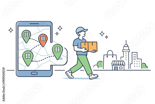 Male delivery worker navigating city with gps on smartphone map