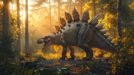 Majestic Stegosaurus Wandering Through a Lush Forest at Sunrise, Illuminated by Golden Rays of Sunlight in a Serene Natural Environment