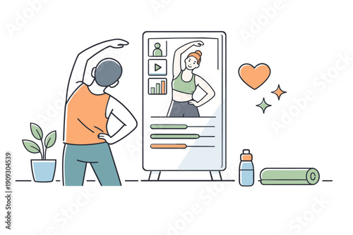 Female adult exercising with virtual fitness instructor on smart mirror