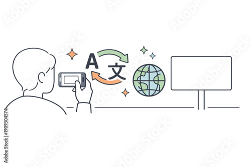 Person using translation app with language symbols and globe icon