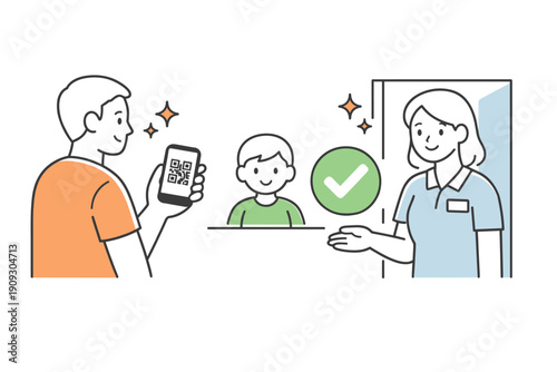 Contactless qr code entry at reception with caucasian adult male and female