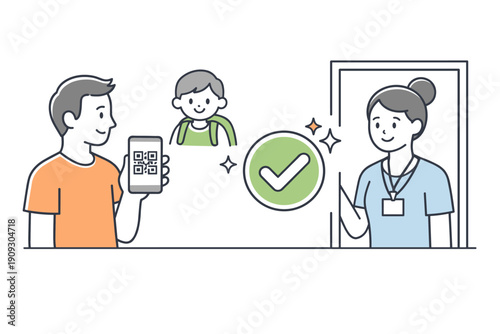 Qr code check-in process with caucasian adults and child in healthcare setting