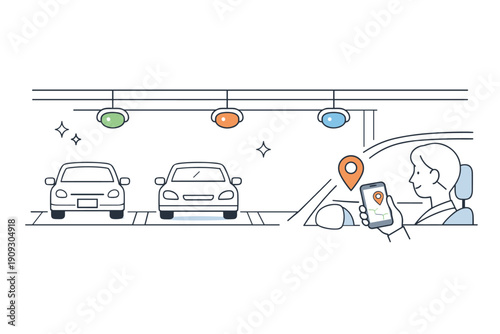 Female driver finding parking spot using app in garage illustration