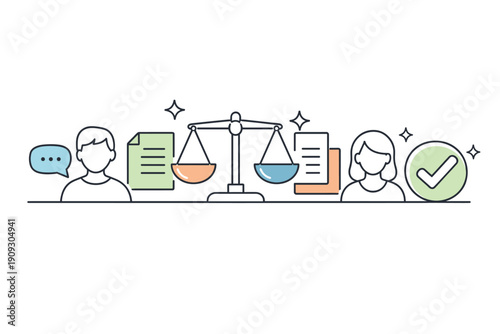 Legal advice concept: male and female silhouettes, documents, scales, and checkmark illustration
