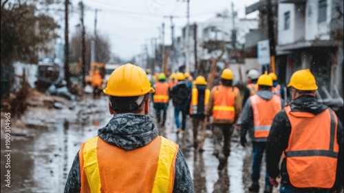 Workers walking down wet street after disaster