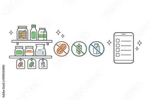 Gluten-free pantry organization with allergen icons and digital checklist