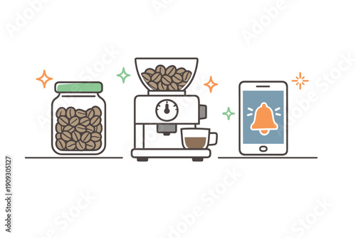 Coffee beans and grinder with smartphone notification alert illustration