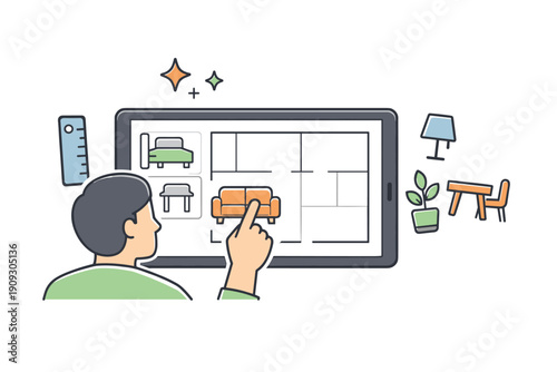 Asian male using tablet for interior design planning with furniture layout icons