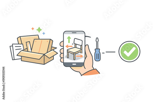 Augmented reality furniture assembly: smartphone, tools, box, instructions, success