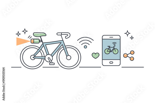 Smart bicycle with connected smartphone app and digital sensors illustration