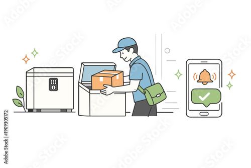 Male courier delivering packages to secure smart locker with mobile notification