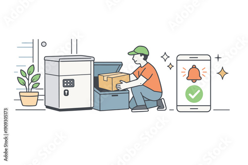 Male courier delivering package to smart locker with notification on smartphone