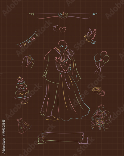 결혼식 피로연 댄스 커플 라인 드로잉 일러스트