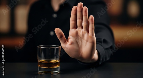Person refusing drink with hand gesture in dark setting