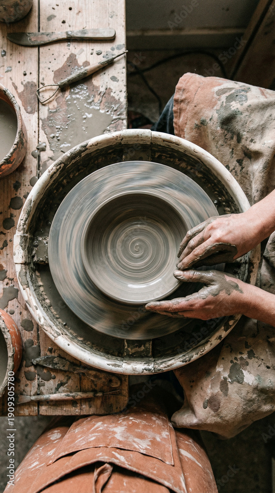 Fototapeta premium Top view of potter hands shaping clay on a spinning wheel. Artisan making a ceramic bowl in a workshop. International Day of Culture concept