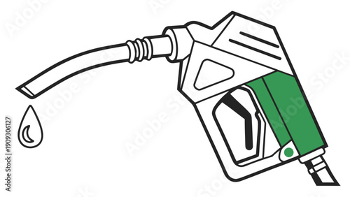 Fuel pump nozzle with green handle and dripping fuel.