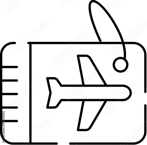 Boarding pass with airplane icon and clean line art outline, minimalist black and white design for travel, booking, flight, airport, app and web ui, tourism and journey concepts