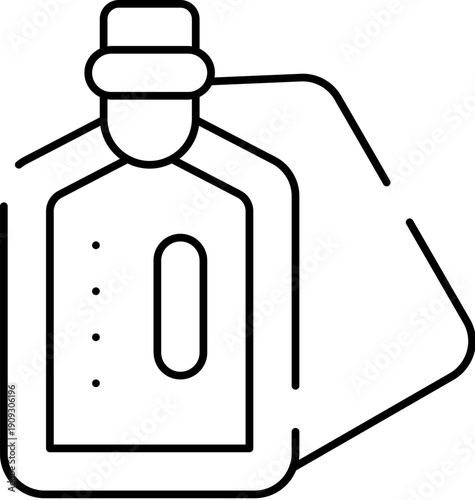 Liquid laundry detergent bottle with measuring cap, simple black line outline of a household cleaning product used for washing clothes, minimal flat icon on white background