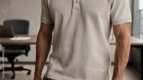Medium shot of a professional wearing a textured pique knit polo shirt ideal for stylish yet comfortable office attire showcasing breathable fabric and sharp collar detail.