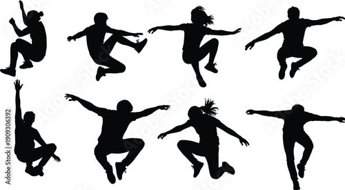 Jumping people silhouette illustration set, dynamic dance poses, active motion, black human vector design