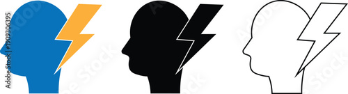 Head with Lightning Bolt Icon Set – Mind Power Brain Energy Stress Symbol Vector