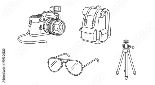 Photography Gear: Camera, Backpack, Sunglasses, Tripod - Travel and Hobby Essentials