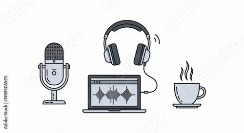 Podcast Studio Setup: Microphone, Laptop with Audio Waveform, Headphones, and Coffee Cup