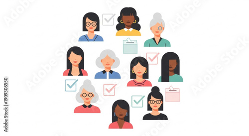 Diverse Women Forming Circle with Ballots and Check Marks Vector Illustration