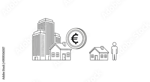 Real Estate Investment Concept: Large Buildings vs Small House, Euro Coin, Person