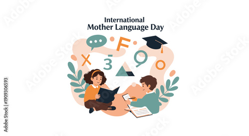 Children learning on laptops surrounded by education symbols on Mother Language Day 