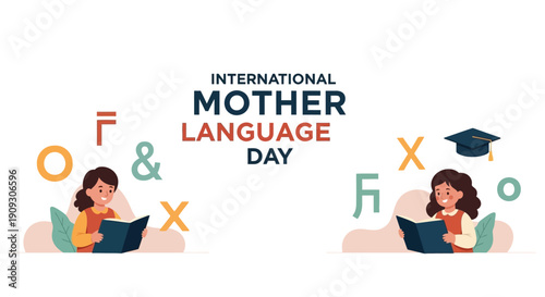 International Mother Language Day illustration of girls reading books