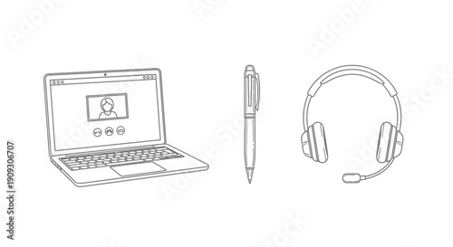 Remote Work Setup: Laptop with Video Call, Pen, and Headset