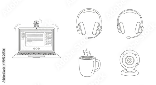 Remote Work Setup: Laptop, Webcam, Headphones, Hot Drink - Online Communication Concept