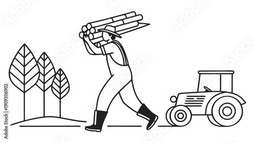 Farmer carrying wooden planks near tractor in a field.