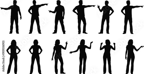 People silhouettes set with pointing and talking gestures in black vector style isolated