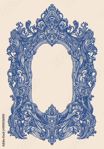 Ornate Rococo Frame in Vintage Engraving Style. Vector illustration