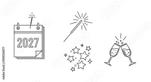 New Year 2027 Celebration Icons: Calendar, Sparkler, Champagne Toast