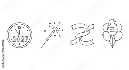 New Year 2027 Celebration Icons: Clock, Sparkler, Ribbon, Balloons