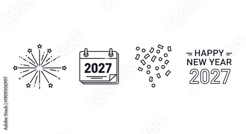 New Year 2027 Celebration Icons: Fireworks, Calendar, Confetti, and Greeting