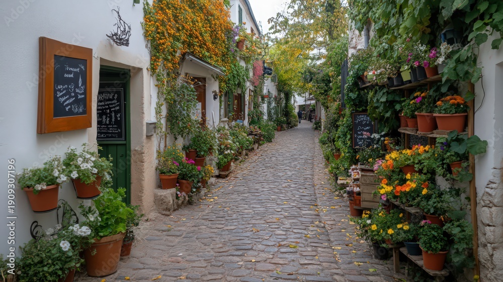 Fototapeta premium Charming Narrow Alley Framed by Colorful Blooming Vines in a Quaint European Village