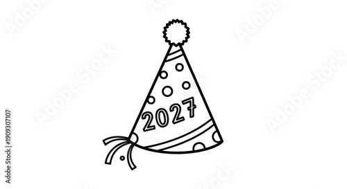 New Year 2027 Party Hat with Pom Pom and Streamers - Black and White Outline
