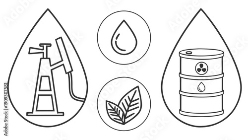 Oil extraction and storage icons in teardrop shapes.