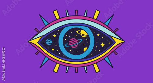 An illustrative depiction of an eye containing celestial bodies and planets, symbolizing cosmic insight and universal awareness from a mystical viewpoint.