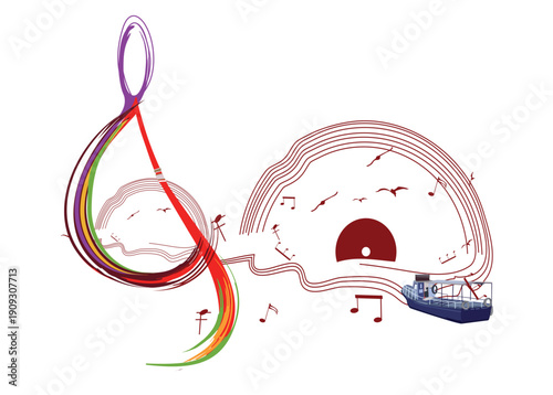 Abstract treble clef decorated with Sun, notes, birds, ocean waves. Hand drawn musical vector illustration