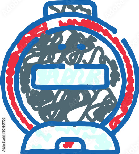 Gumball machine doodle with blue, red and gray outlines and scribbled fill on white background, playful retro toy evoking childhood nostalgia, sweets and simple fun