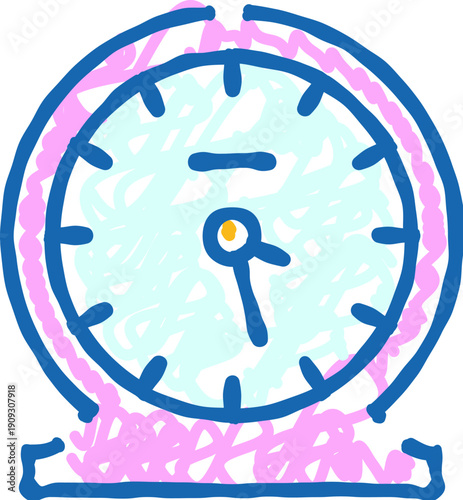 Hand drawn alarm clock with a light blue face and dark blue outline, standing on a light pink base, conveying concepts of time management, punctuality, and daily scheduling
