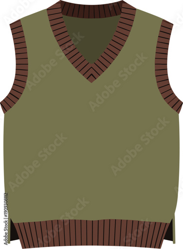 Sophisticated Simplicity: Olive Green Knitted Vest Illustration with Brown Trim for Fashion and Style Projects, Ideal for Catalogues and Design Mockups