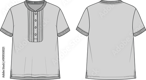 Front and Back Vector Illustration of a Stylish Men's Henley Shirt with a Buttoned Placket, Perfect for Fashion Design Templates and Casual Wear Mockups