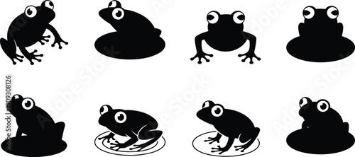 Frog silhouettes collection, cute toad vector icons set, amphibian sitting on lily pad, black isolated illustration on white background.